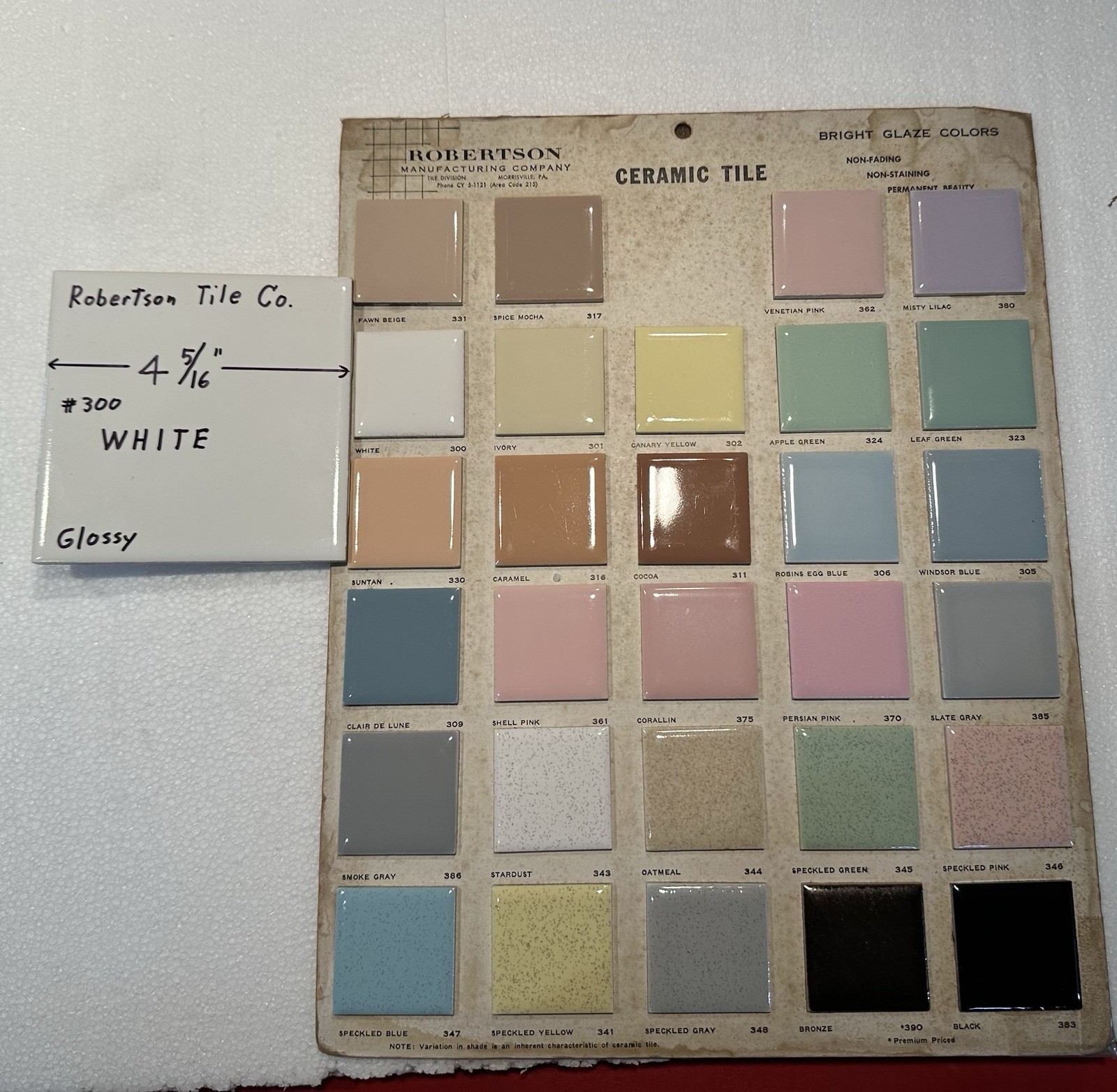 1 pc. Vintage Gloss White: Ceramic Tile by Robertson Co. 4-5/16″ made 1950’s