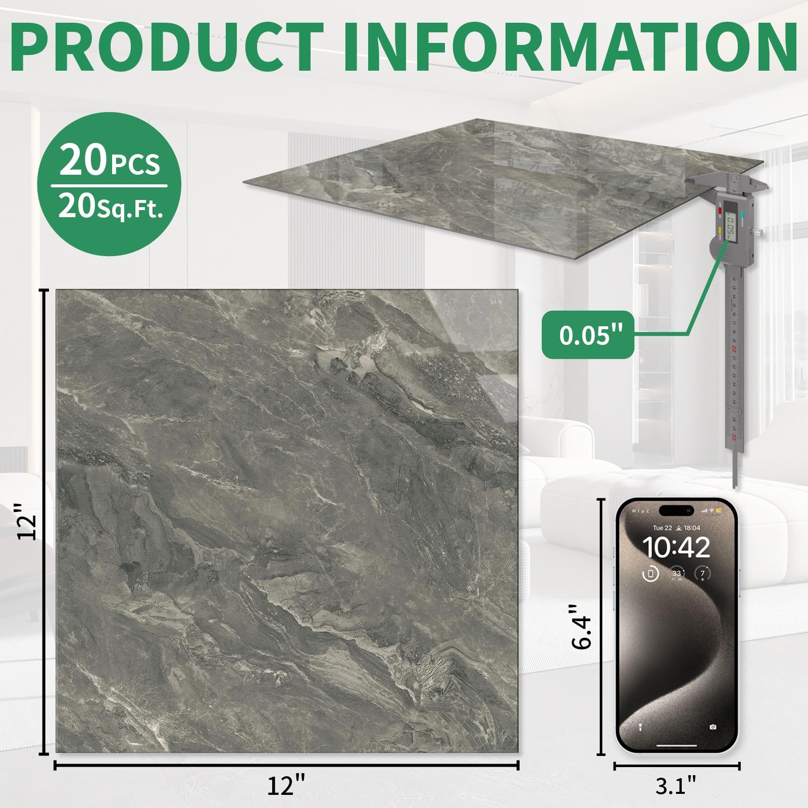 20-Pack 19.34 Sq.Ft Peel and Stick Floor Tiles Vinyl Glossy Pattern Flooring,…