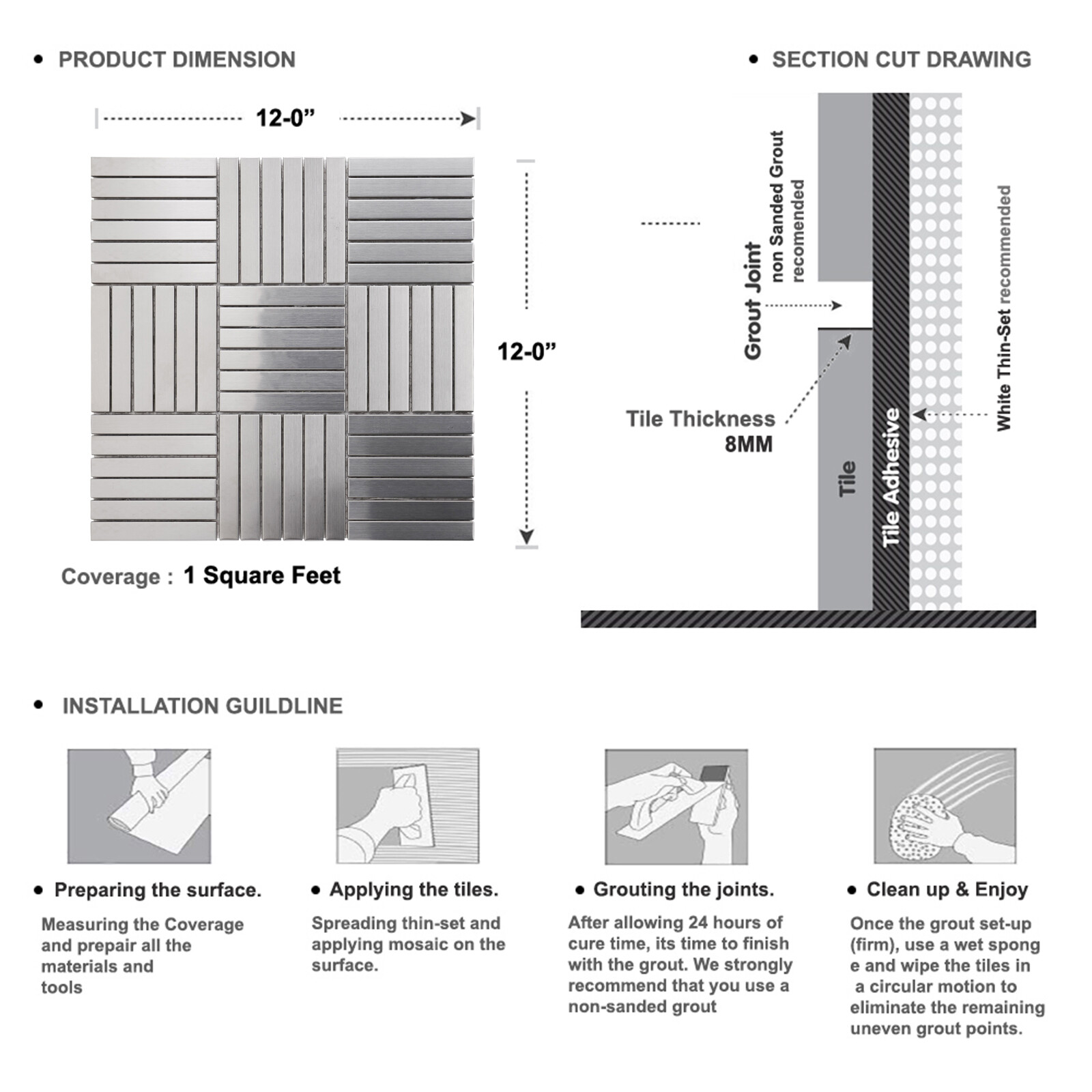 Brushed Nickel Stainless Steel Metallic Parquet Mosaic Tile Kitchen Backsplash