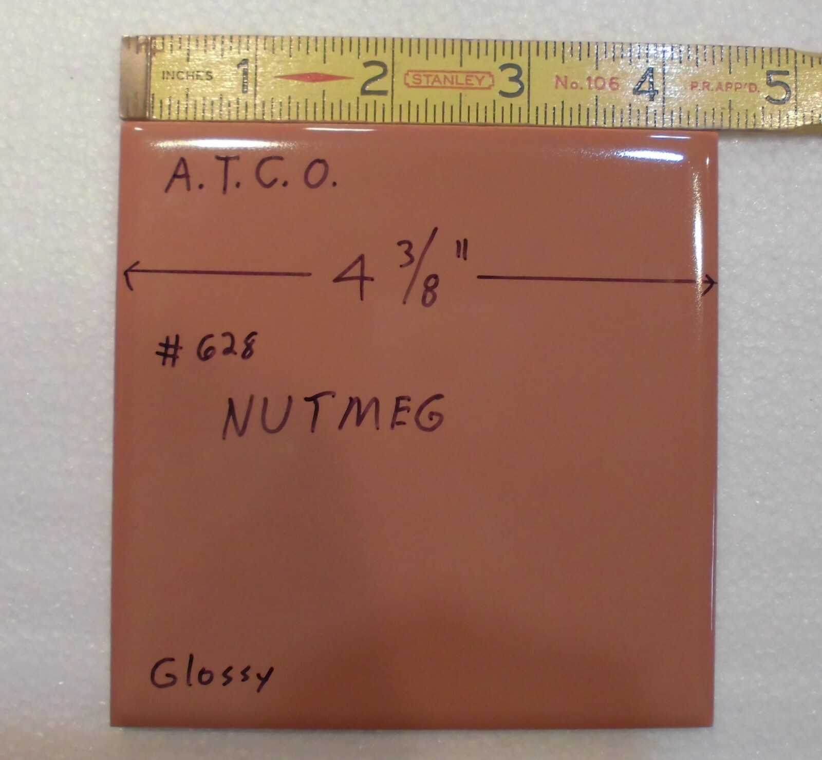 1 pc. Medium Brown – Nutmeg: 4-3/8″ Glossy Ceramic Tile by ATCO, New Old Stock