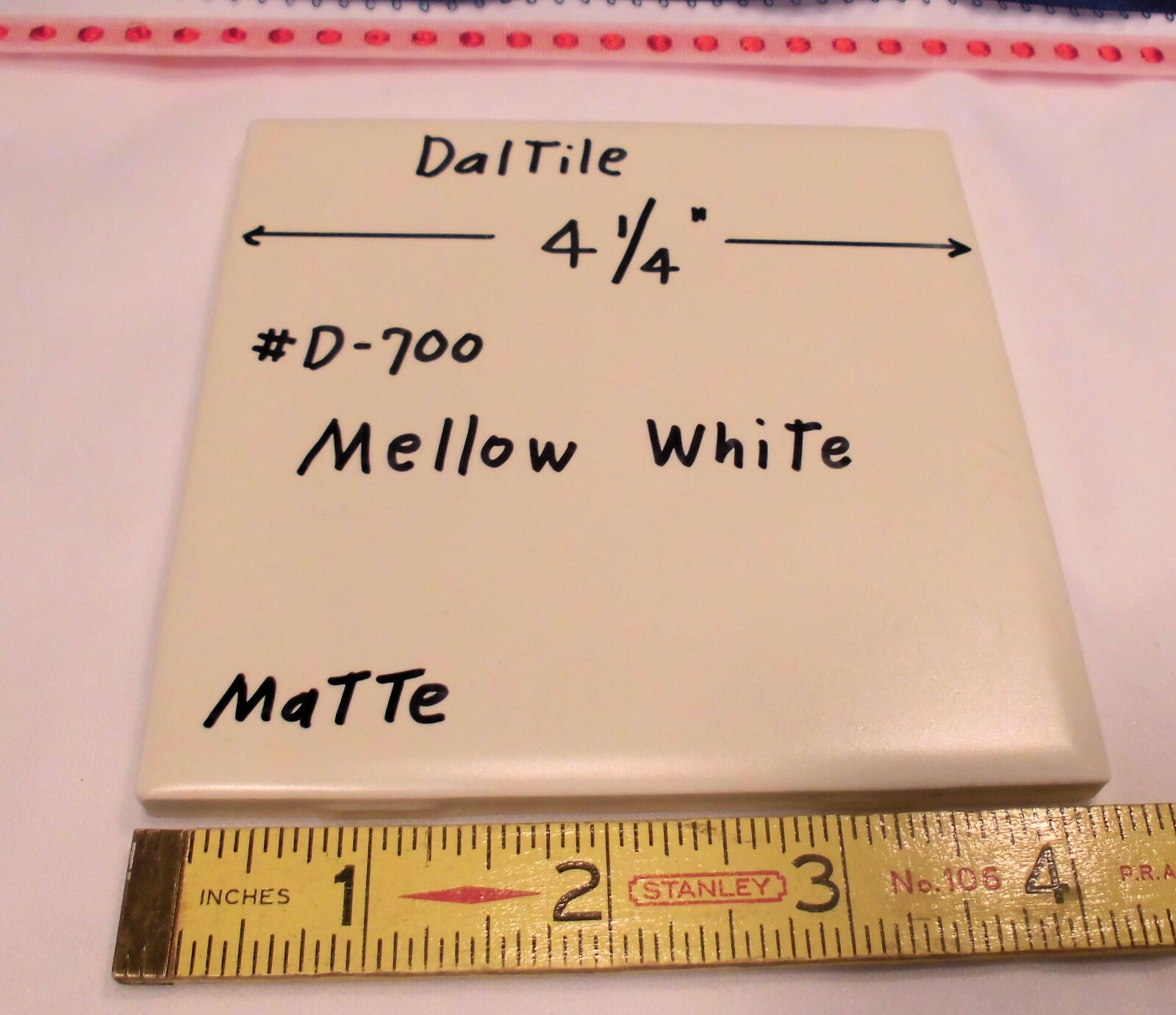 1 pc. Mellow White: Matte Ceramic Tile by Daltile #D-700; 4-1/4″ Discontinued