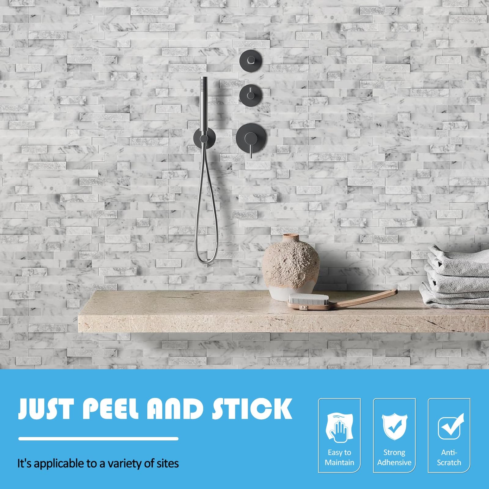Grout-Free Natural Stone Peel and Stick Backsplash – 5 Sheets 3D Textured Gra…