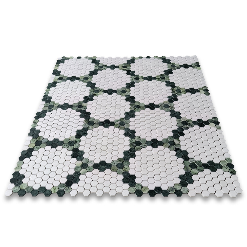 T31F92XH Thassos White Marble Pinnacle Hexagon?Green Garland Mosaic Tile Honed