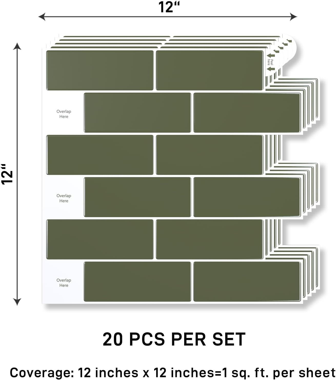 Sage Green Peel and Stick Subway Tile Backsplash – 20 Sheets, 12″x12