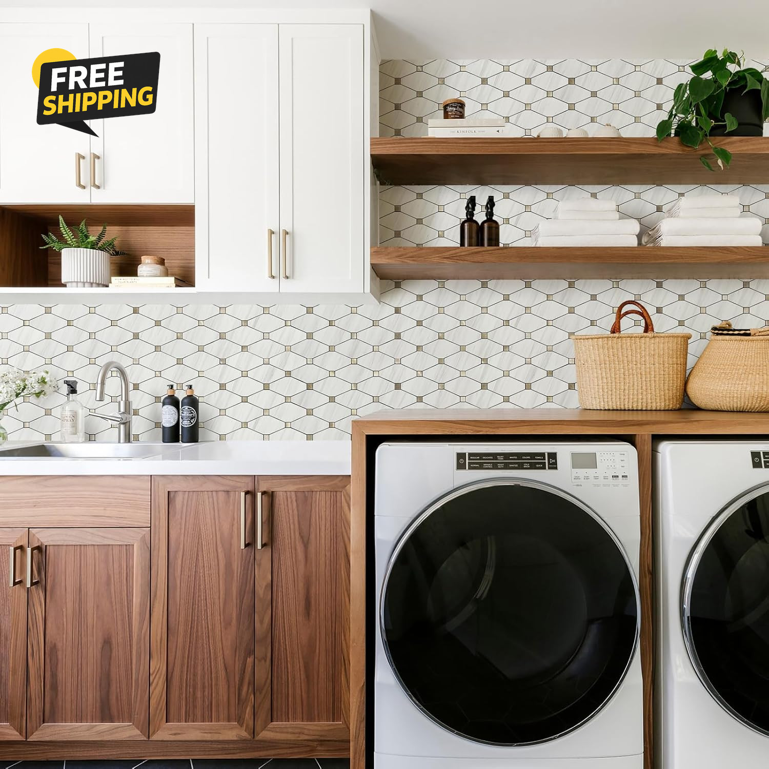 10 Sheets Peel and Stick Dolomite Mosaic Tile, White Marble Look PVC Mixed