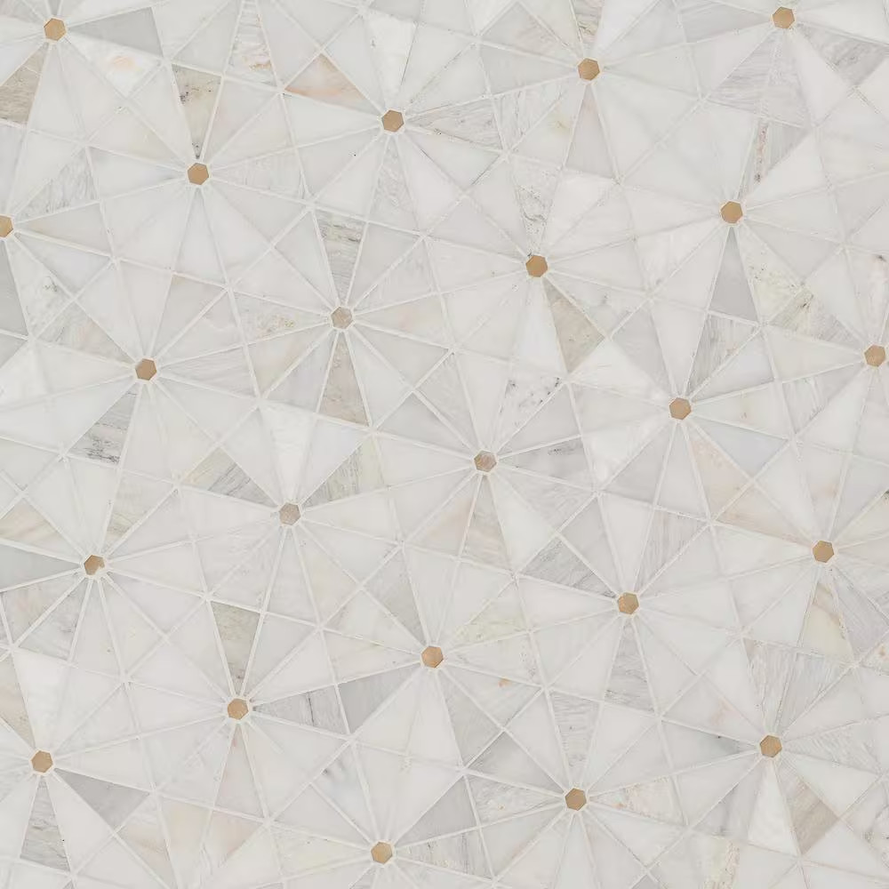 Elegante White Pinwheel 11 In. X 12 In. Stone/Metal Mesh Mounted Mosaic Floor an