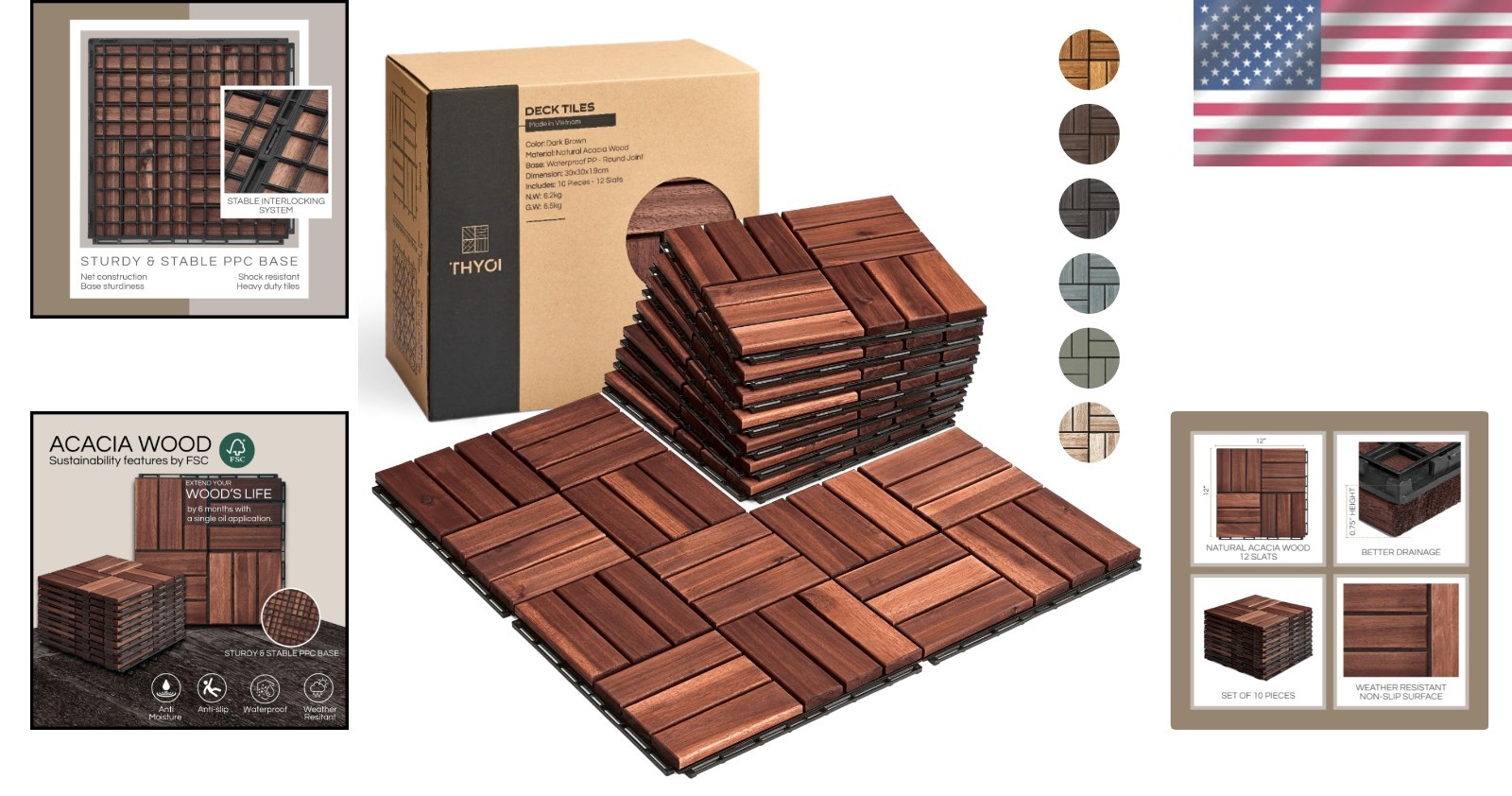 Crossed Pattern Acacia Wood Tiles – 10 Pc Set