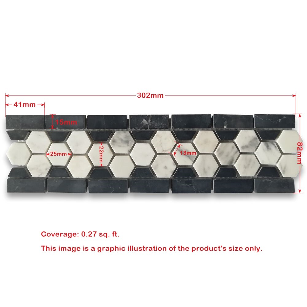 C31B1XP Carrara Venato Marble Hexagon Border Listello Mosaic Tile Polished