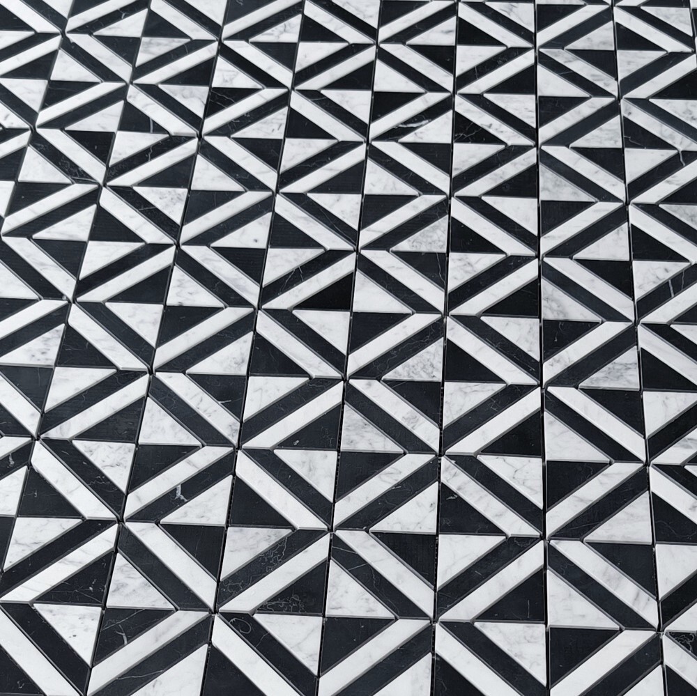 C85E1XH Carrara White Marble Striped Square Maze Mosaic Tile Marquina Black