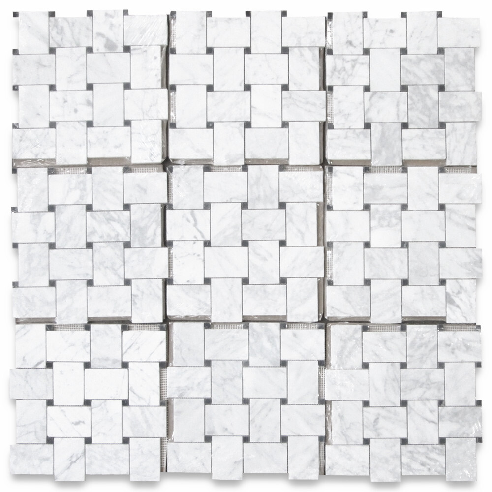 C661XH Wide Big Basketweave Carrara White Marble Mosaic Tile Honed Black Dots
