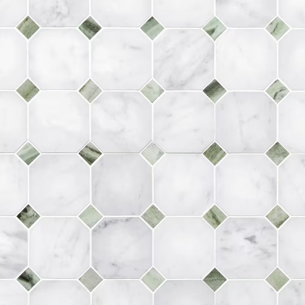 Octagon Carrara White and Green 11.5 In. X 11.5 In. Honed Natural Marble Floor a
