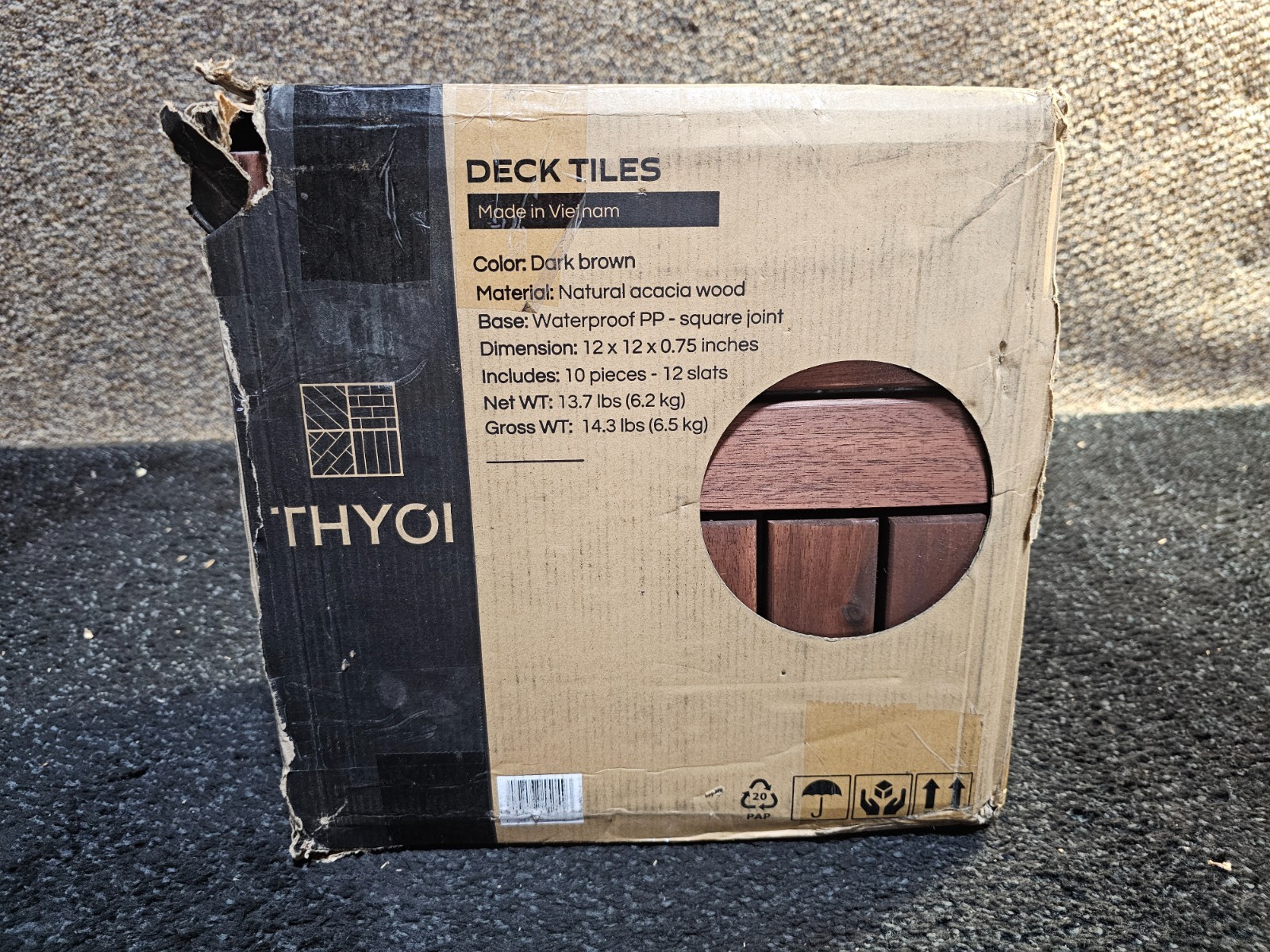 (QTY 10) THYOI Deck Tiles, Patio Flooring 12″ x 12″ Dark Brown Acacia Wood Tiles