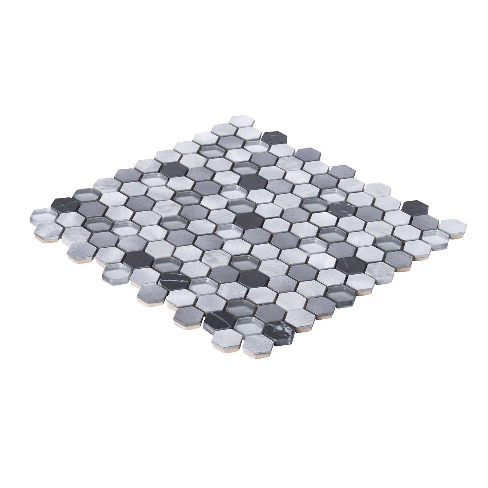 White Calacatta Black Marble Gray Glass Metal 1″ Hexagon Mosaic Tile Backsplash
