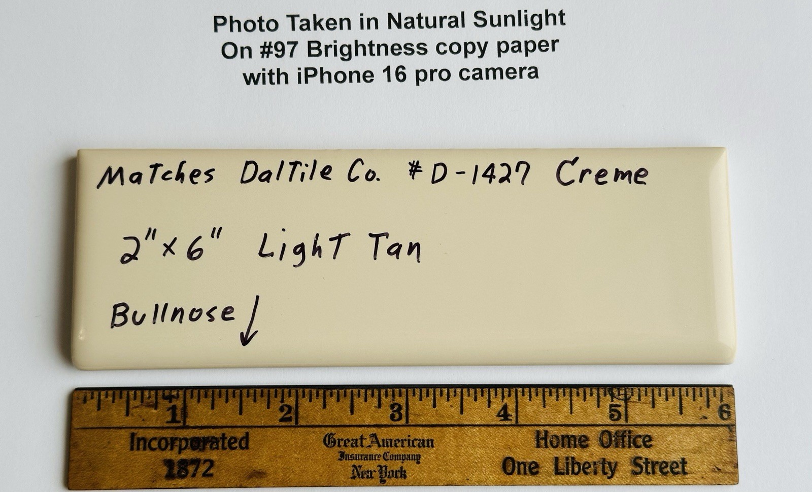 1 pc. Light Tan – Cream: 2″ X 6″ Glossy Ceramic Bullnose Tile, Daltile #D-1427
