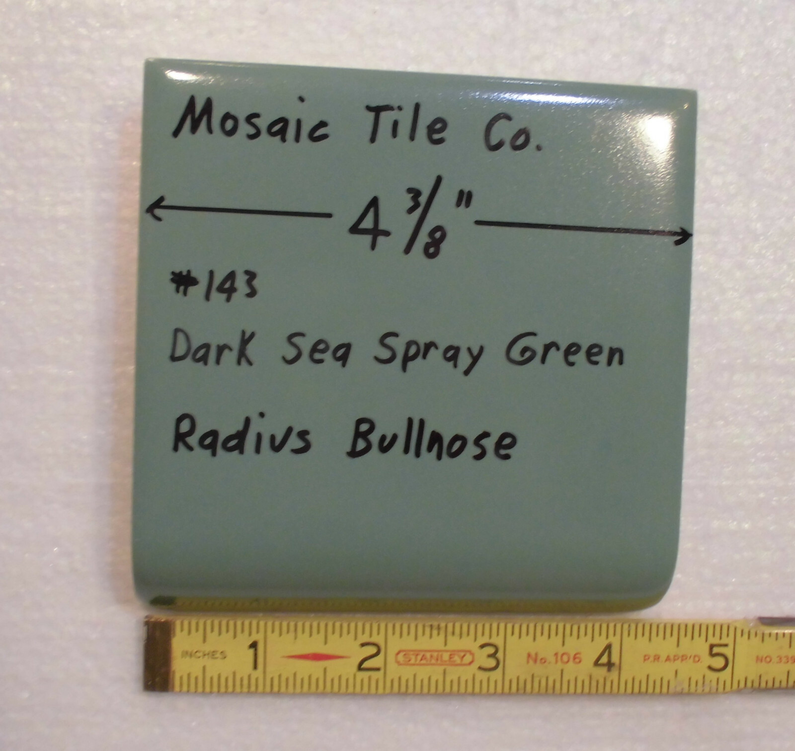 1 pc. Dark Green; Matte Radius Bullnose Ceramic 4-3/8″; by Mosaic Tile Co. NOS