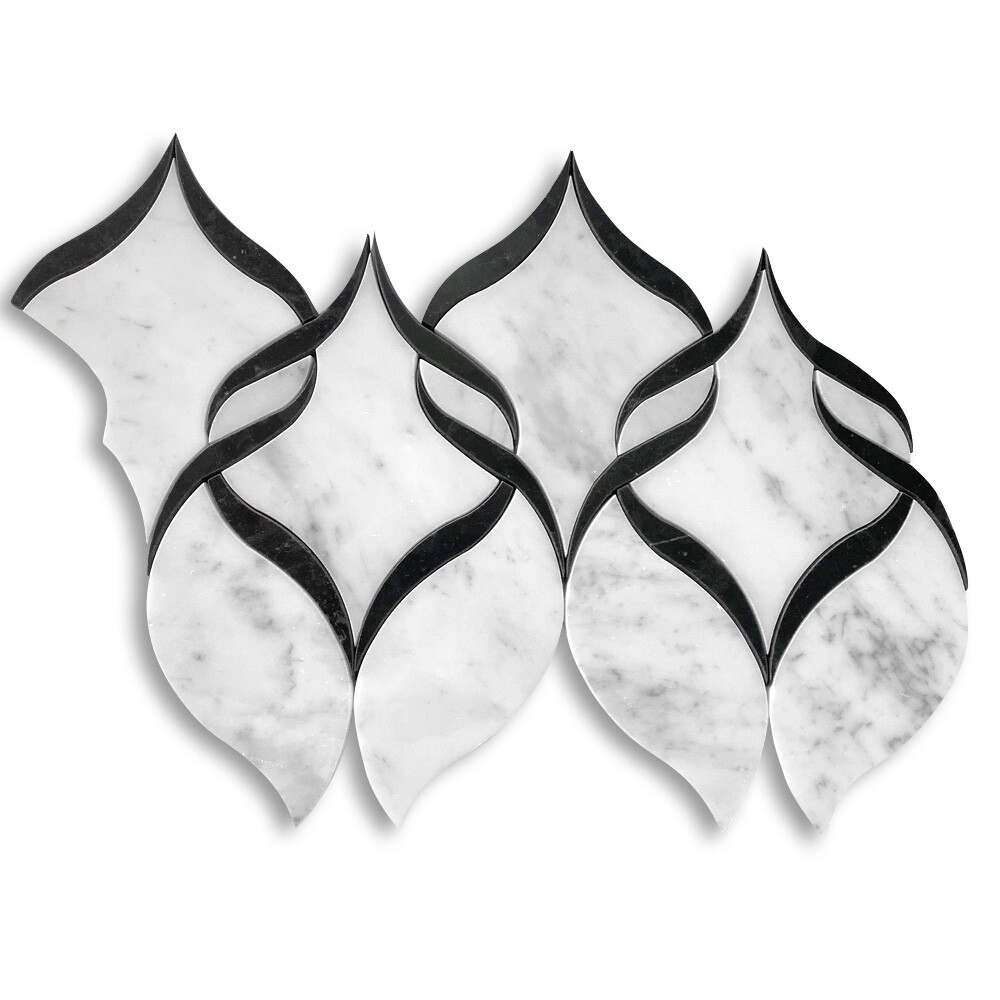 C89B1H Carrara White Marble Helix Ribbon Waterjet Mosaic Tile Marquina Black