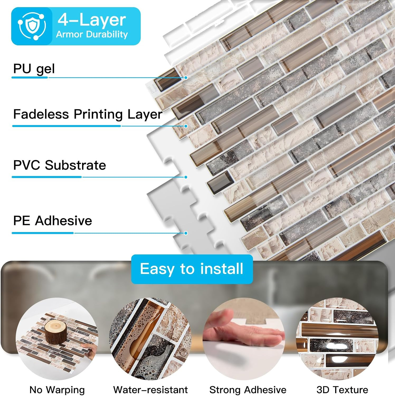 10-Sheet Heavy-Duty Peel and Stick Backsplash, Waterproof Wall Tiles Stick on Ki