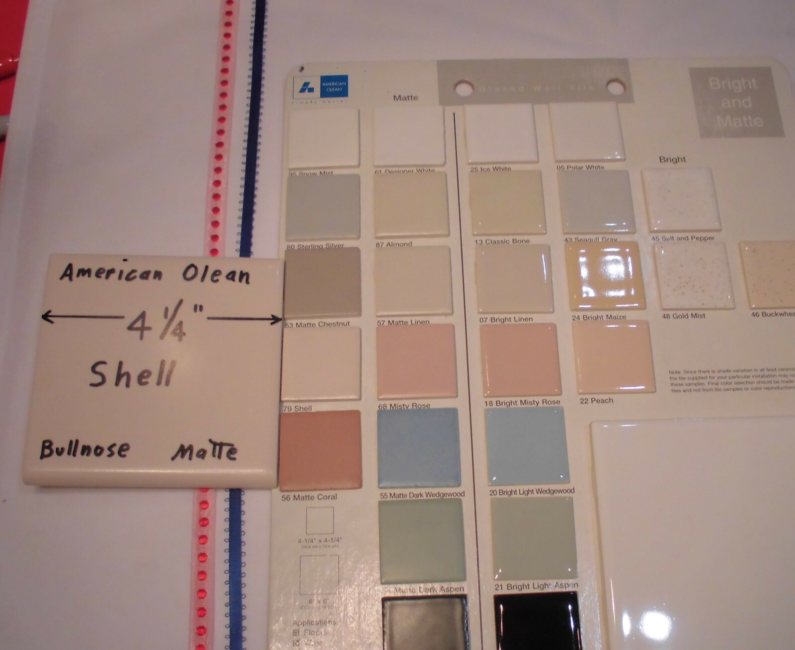 1 pc. Shell; Bullnose Matte Ceramic Tile; American Olean Co. 4-1/4″ Hint of Pink