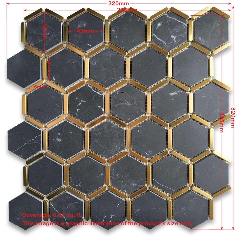 N328XH Nero Marquina Black Marble 2 inch Hexagon Mosaic Tile