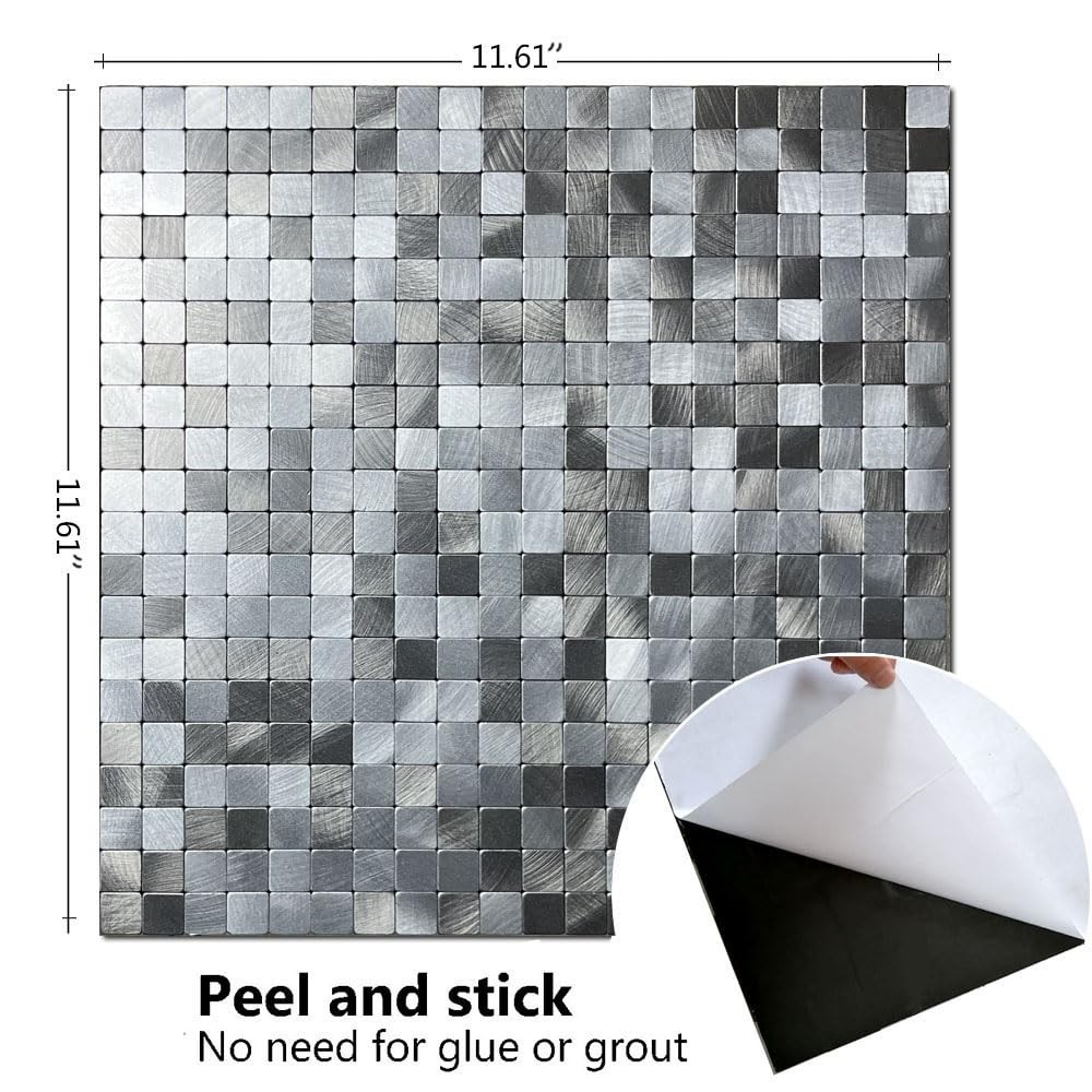 XUANINY 10-Sheet Peel and Stick Backsplash Tiles Black Surface Aluminum Mosai…