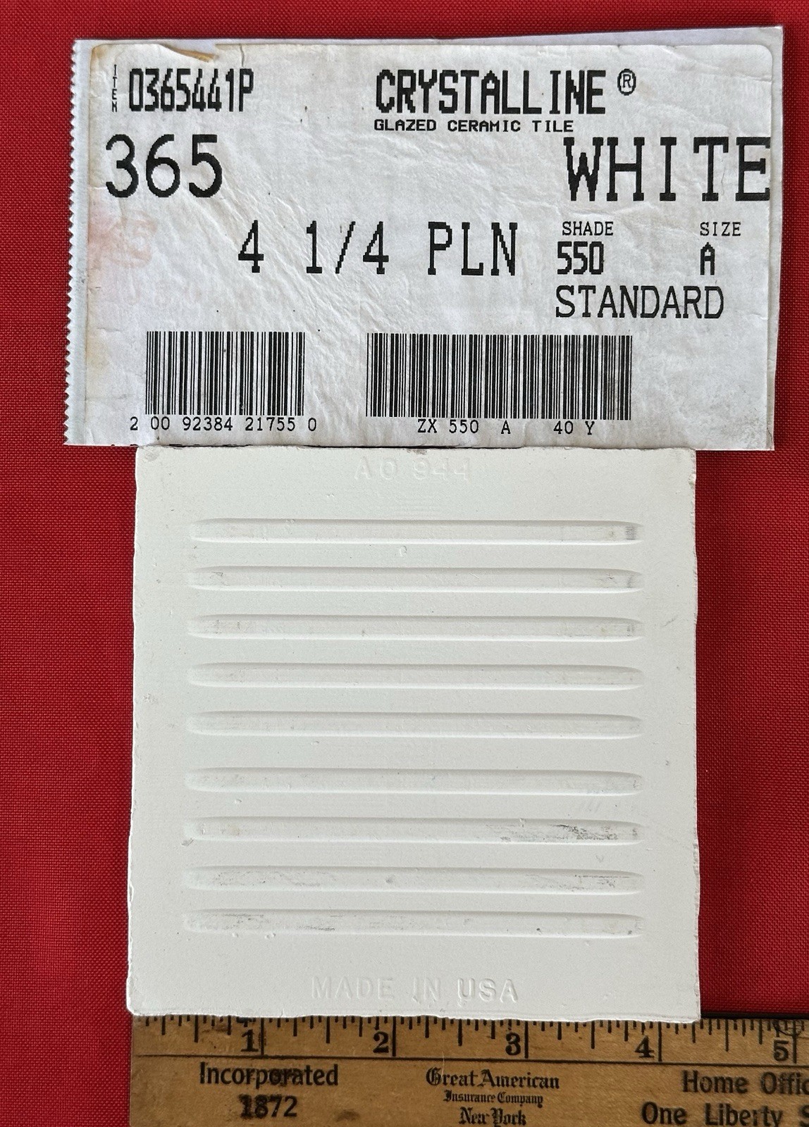 1 pc. White Crystalline Ceramic Tile by American Olean: 4-1/4″ from 1970’s -90’s