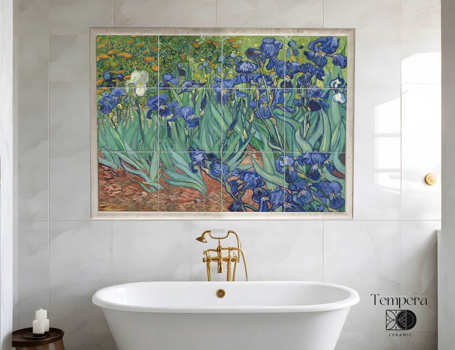 Irises by van Gogh on a tiles mosaic, Irises tile backsplash, floral tile art