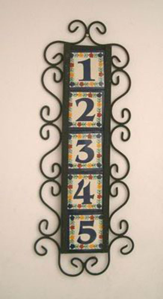 5 Mexican Tiles Talavera House Numbers & Vertical Iron Frame
