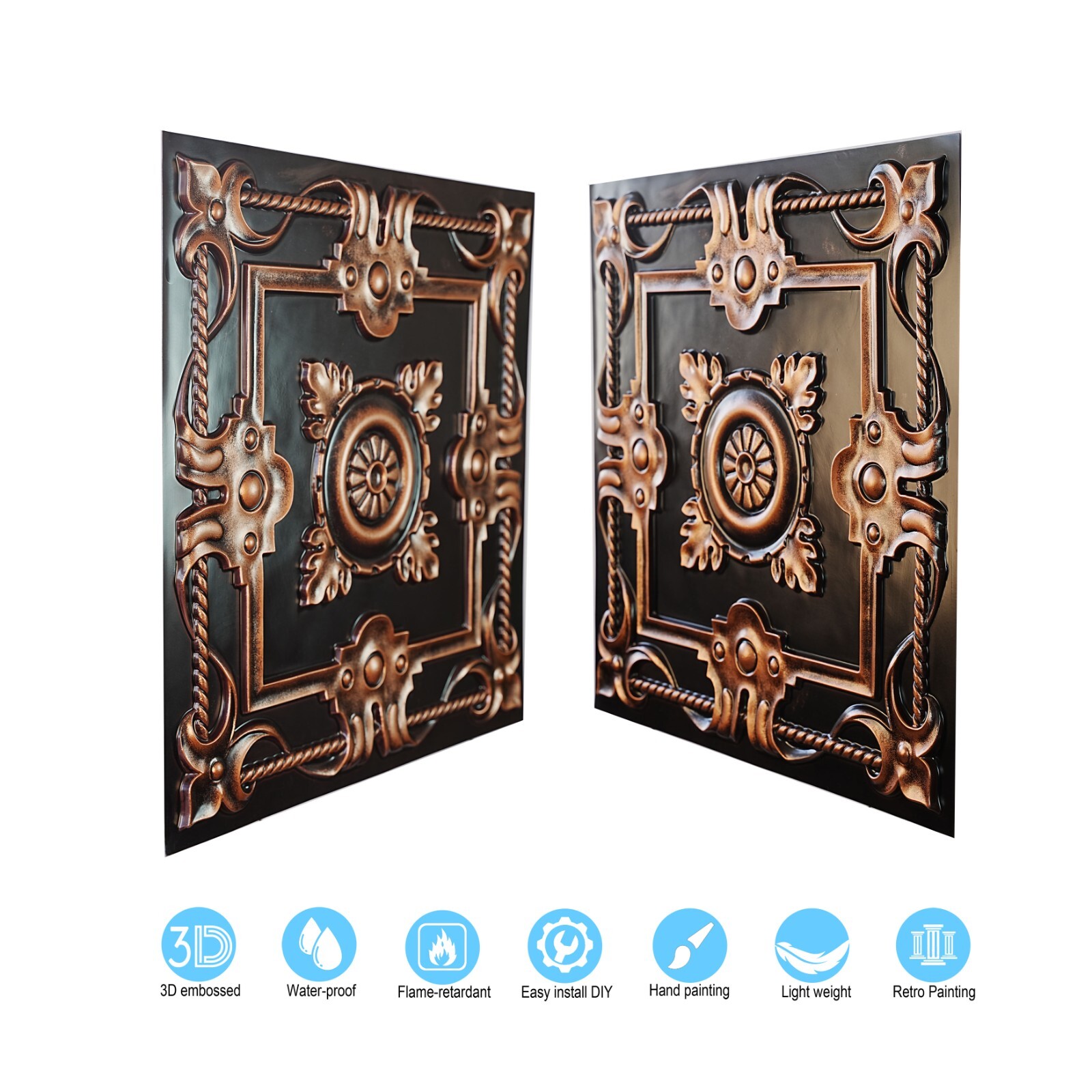 PVC Ceiling Tiles 3D Embossed Wall Panel 2’x2′ 10pcs PL29 Traditional copper