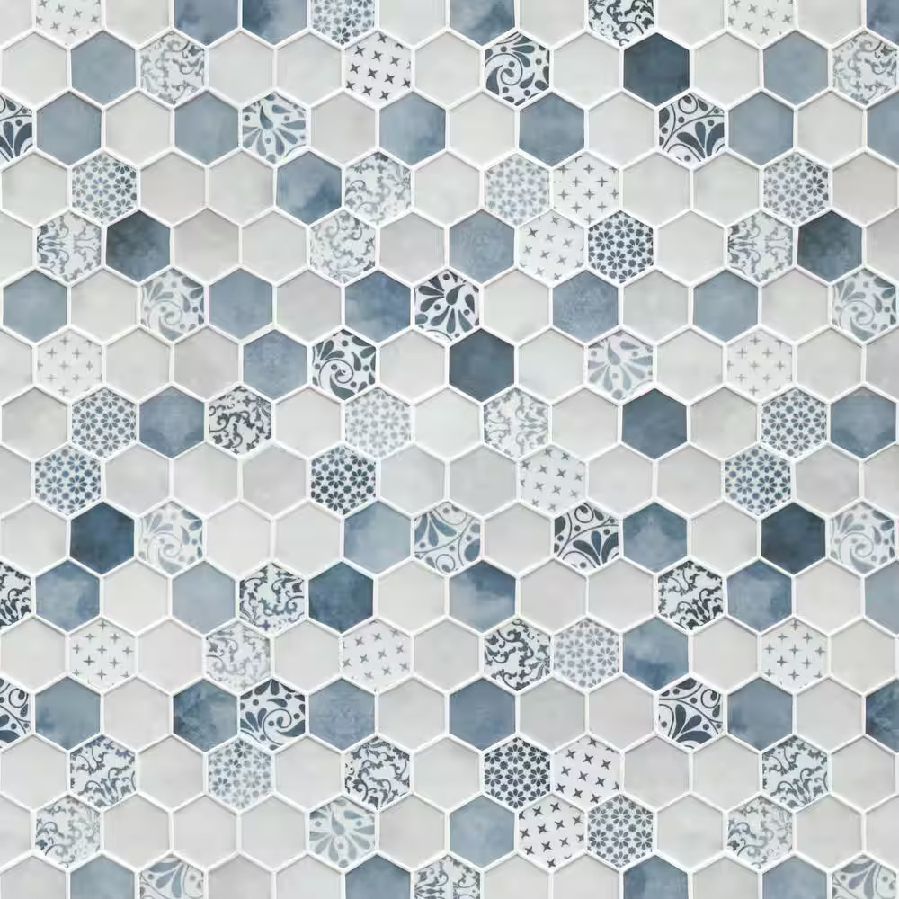 Concrete Blue Hexagon 11.7X10.2In. Mosaic Backsplash. Recycled Glass Cement Look
