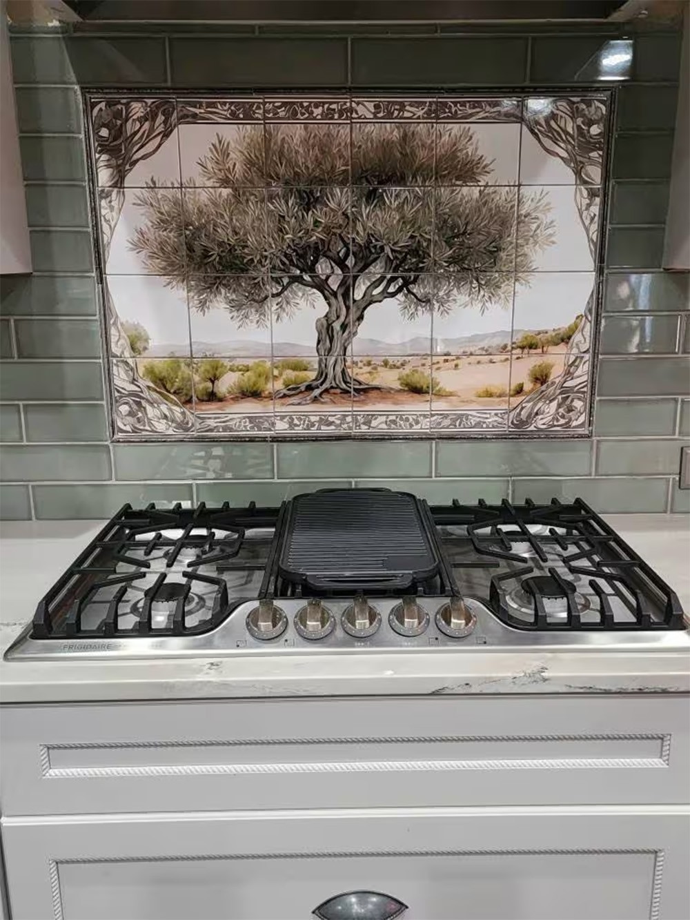 Mediterranean olive tree tiles backsplash, kitchen tile tree design, stove tiles