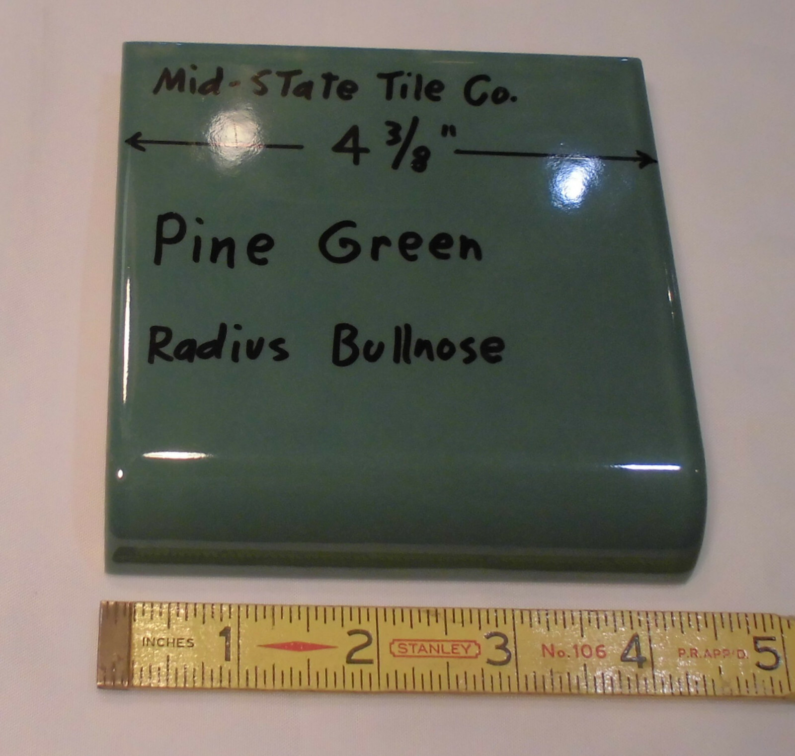 1: Pine Green Radius Bullnose Ceramic Tile 4-3/8″ by Mid-State: Glossy Mudd Cap