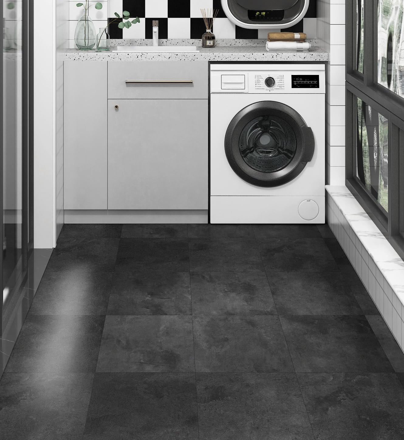 Peel and Stick Floor Tiles, Waterproof Grey Vinyl Flooring, 12×12″, 4 Sheets