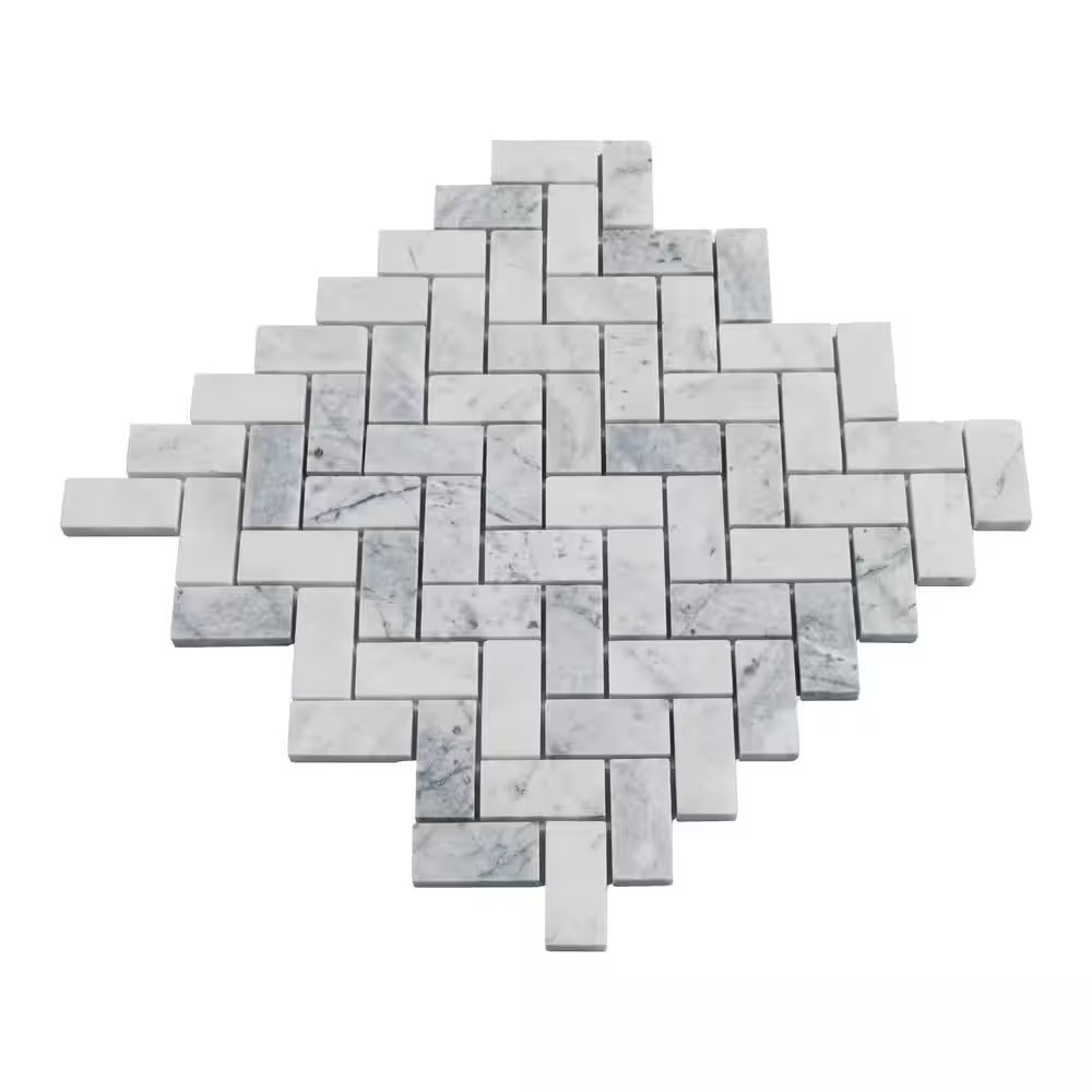 Capri Blue Herringbone 12 In. X 12 In. X 0.38 In. Honed Marble Mesh-Mounted Mosa