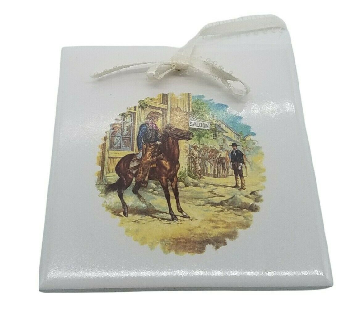 4 Ceramic Tiles Trivets Wall Hangings Western Cowboys 4.25 X 4.25 Made In USA