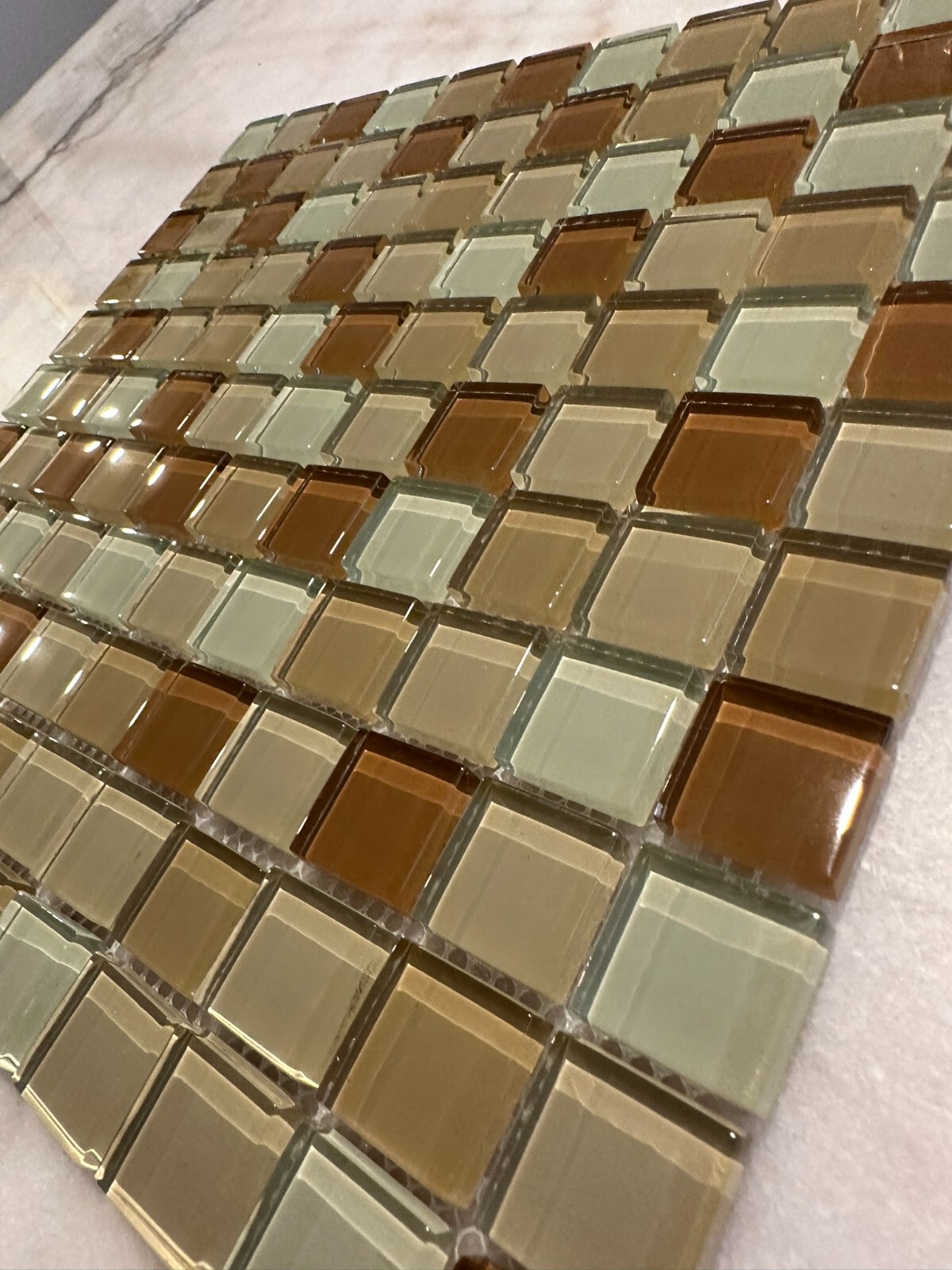 Light Beige Mix Glossy Glass Mosaic 1″x1″ Stacked Mesh Mounted