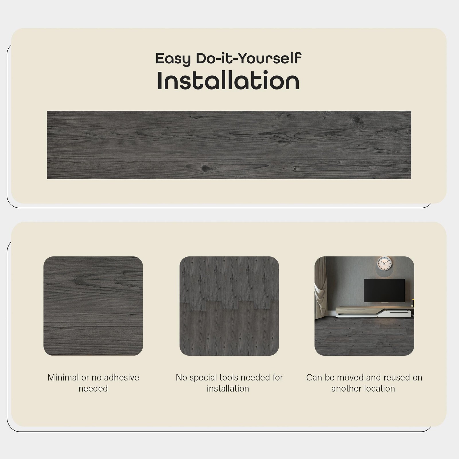 Looselay Vinyl Plank Flooring, 8 Planks – 9″ x 48″, Smoke Grey – No Adhesive …