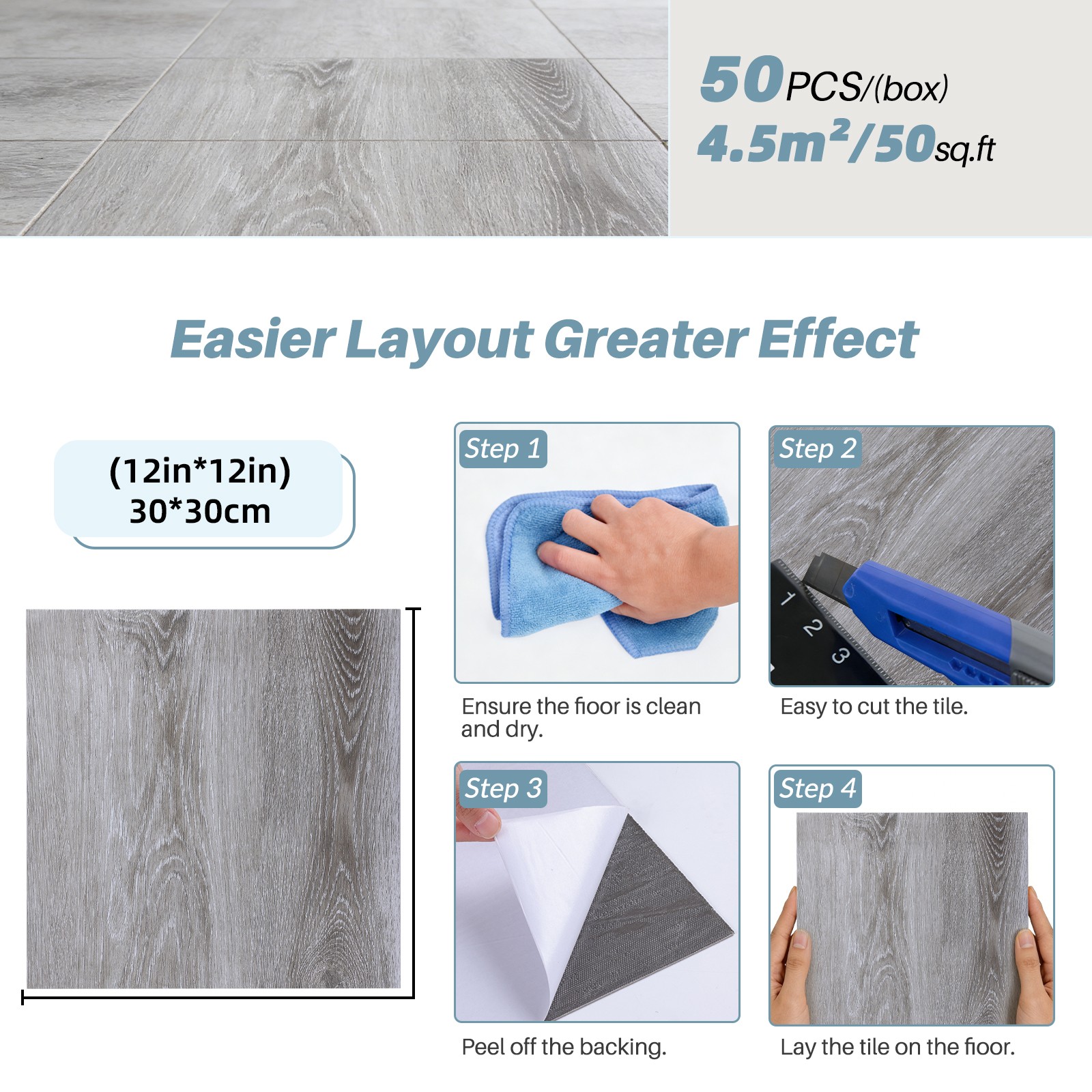 50PCS Peel & Stick Vinyl Floor Tiles 12×12″ Waterproof DIY Flooring for Kitchen