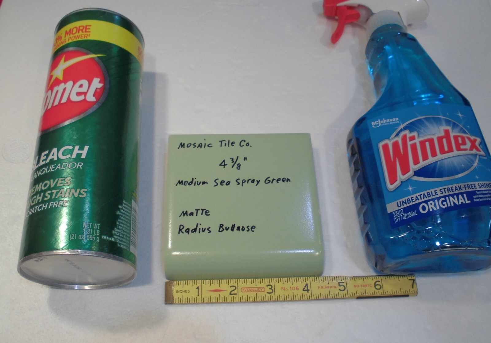 1 pc. Medium Sea Spray Green: Matte Radius Bullnose Ceramic Tile 4-3/8″ NOS
