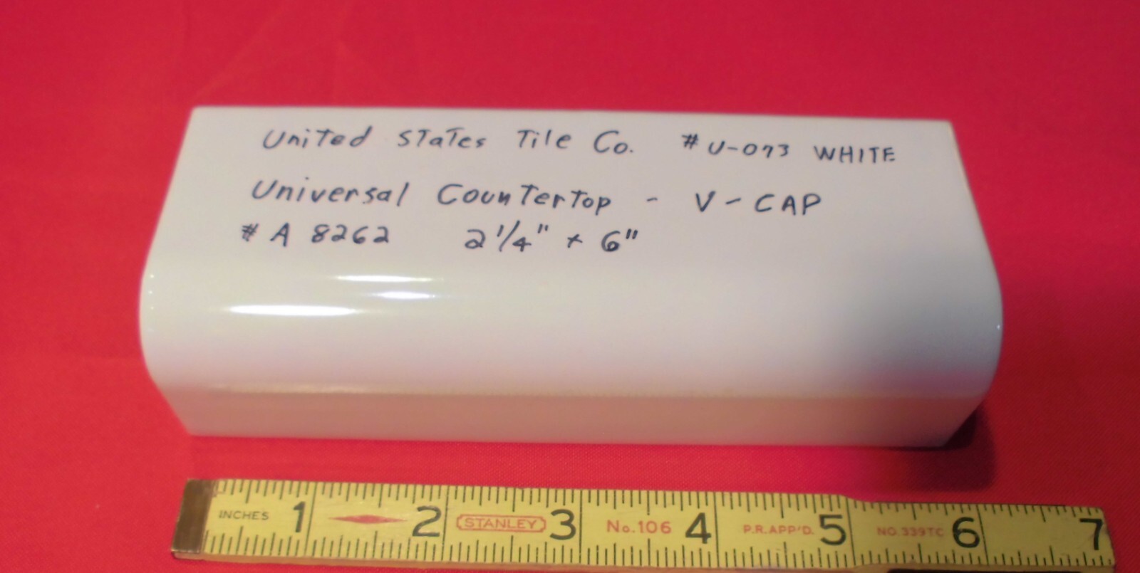 1 pc. Gloss White #U-073: V-Cap Ceramic Trim Countertop Tile: Reversable, U.S.A.