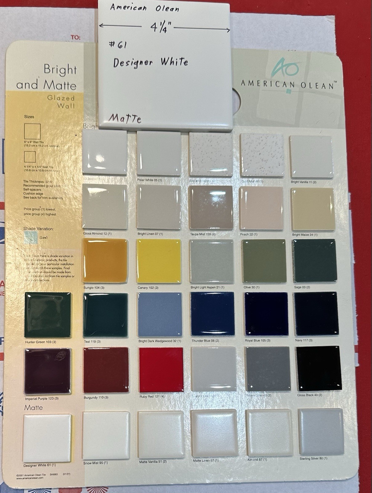 1 pc. *Matte Designer White* #61 by American Olean 4-1/4″ Ceramic Tile: NEW