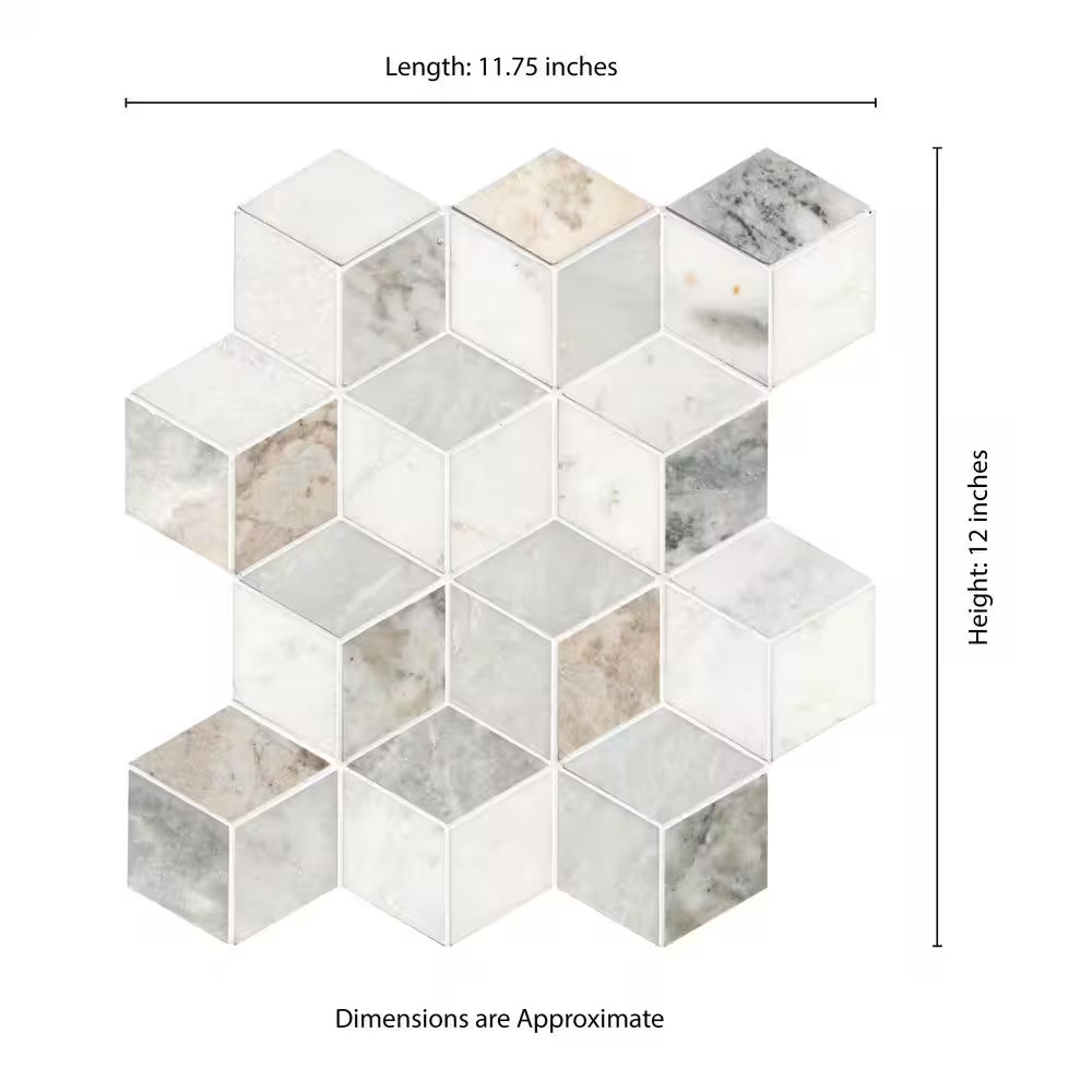 Arabescato Carrara Venato Cube 11 In. X 13 In. Mixed Marble Mesh-Mounted Mosaic