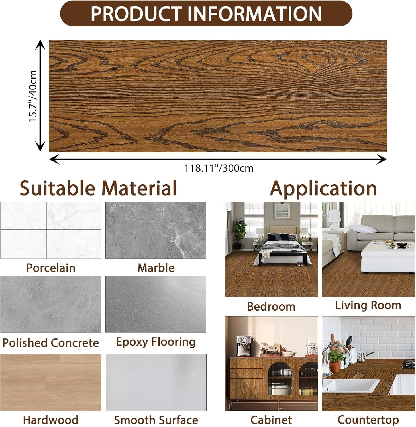 Brown Wood Floor Tiles Roll Peel & Stick 2 Roll 15.7″x 118.11″, Thicken Self