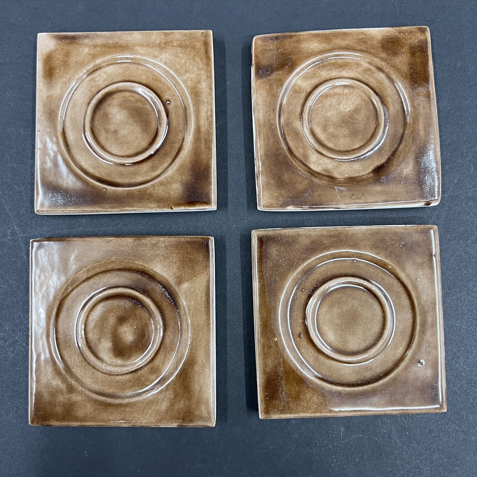 4 – Vintage Brown Ceramic Tile 2 7/8” Square 3/8” Thick Recessed Circles