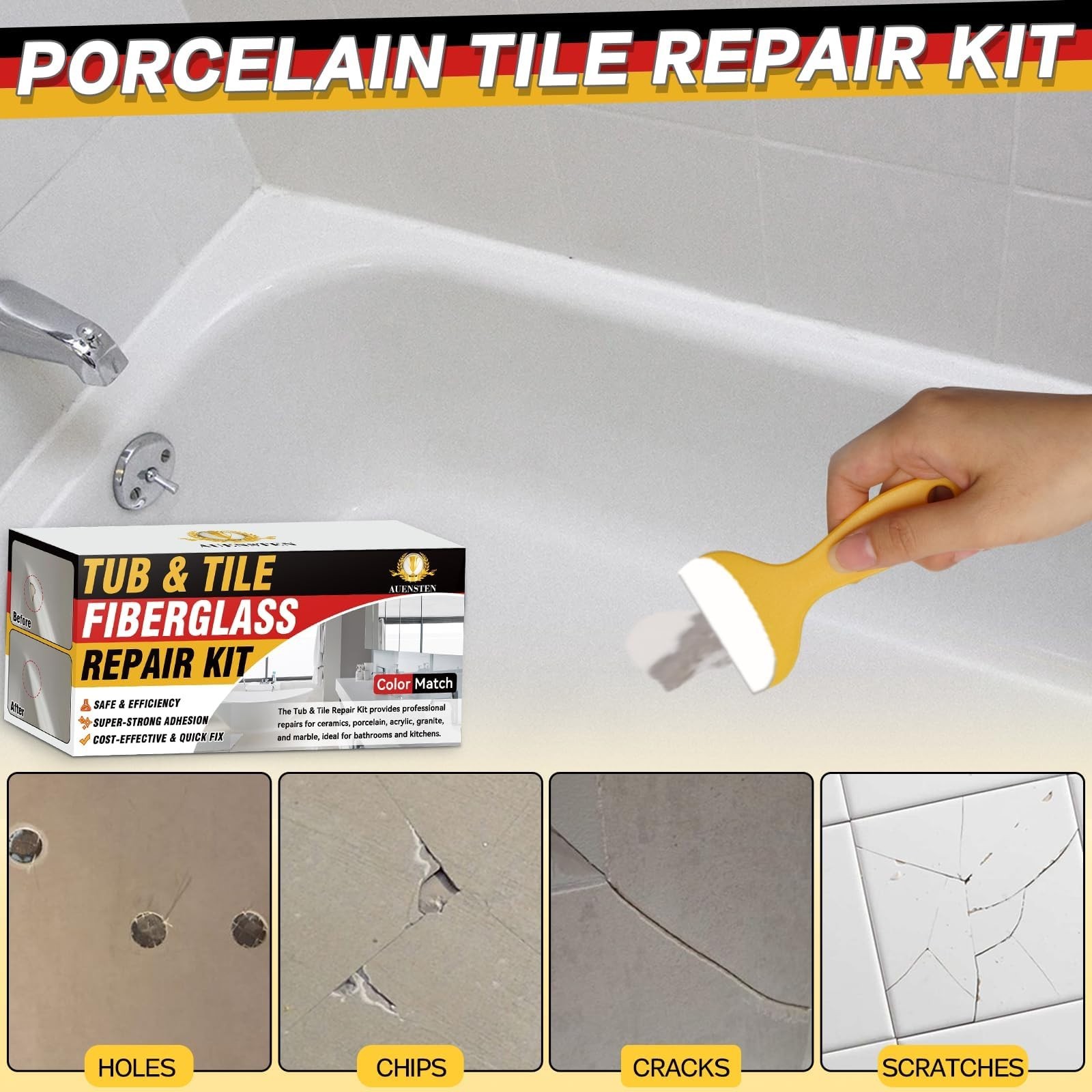Bathtub Repair Kit – Fix Chips, Dents & Cracks in Fiberglass, Porcelain, Acrylic