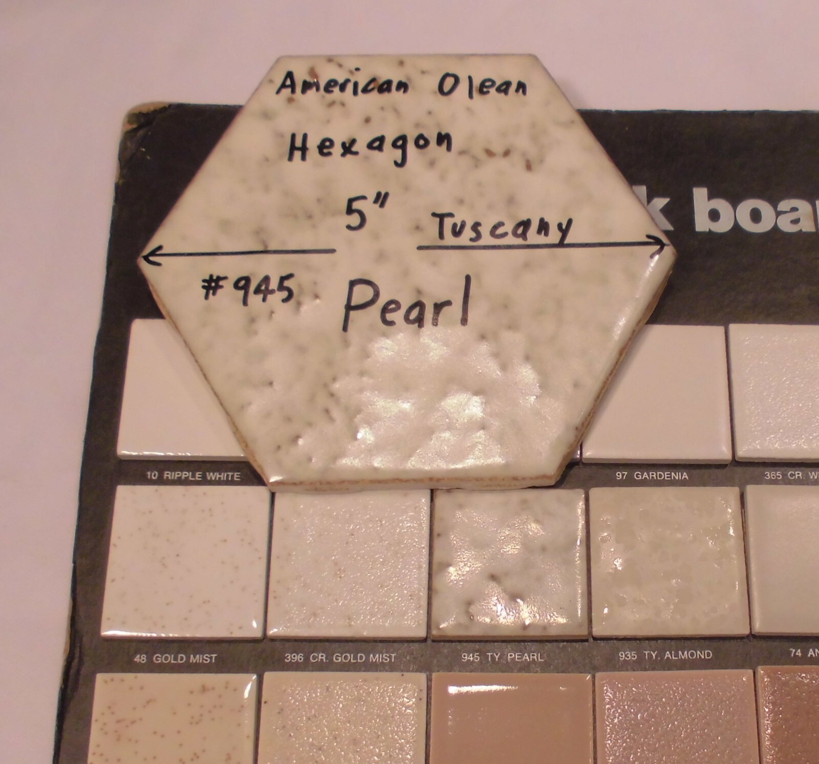 1 pc. Pearl #945 Ceramic 5″ Tile: Tuscany Glaze by American Olean, Hexagon, NOS