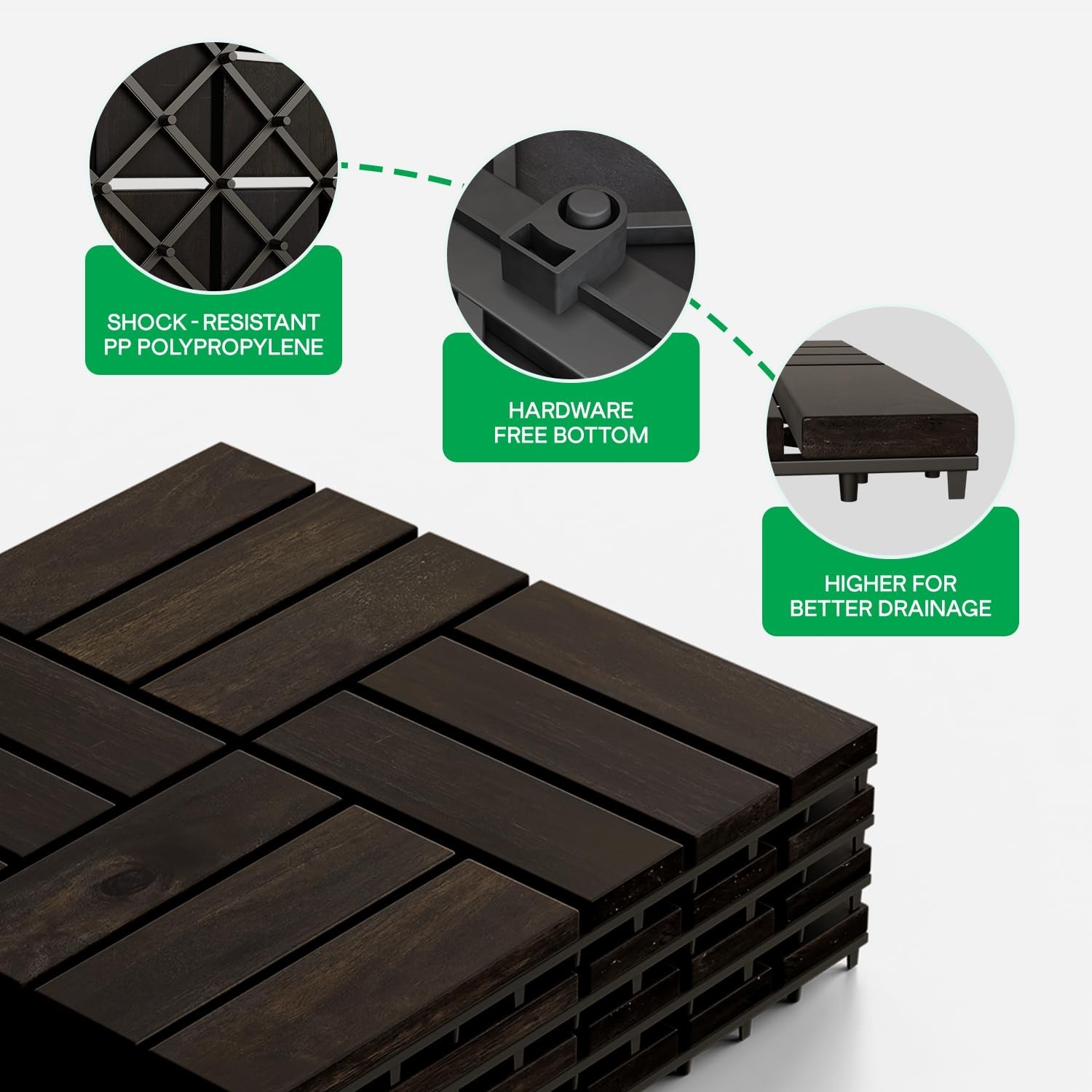 Acacia Wood Deck Tiles – 10-Piece Set, Black Checkered
