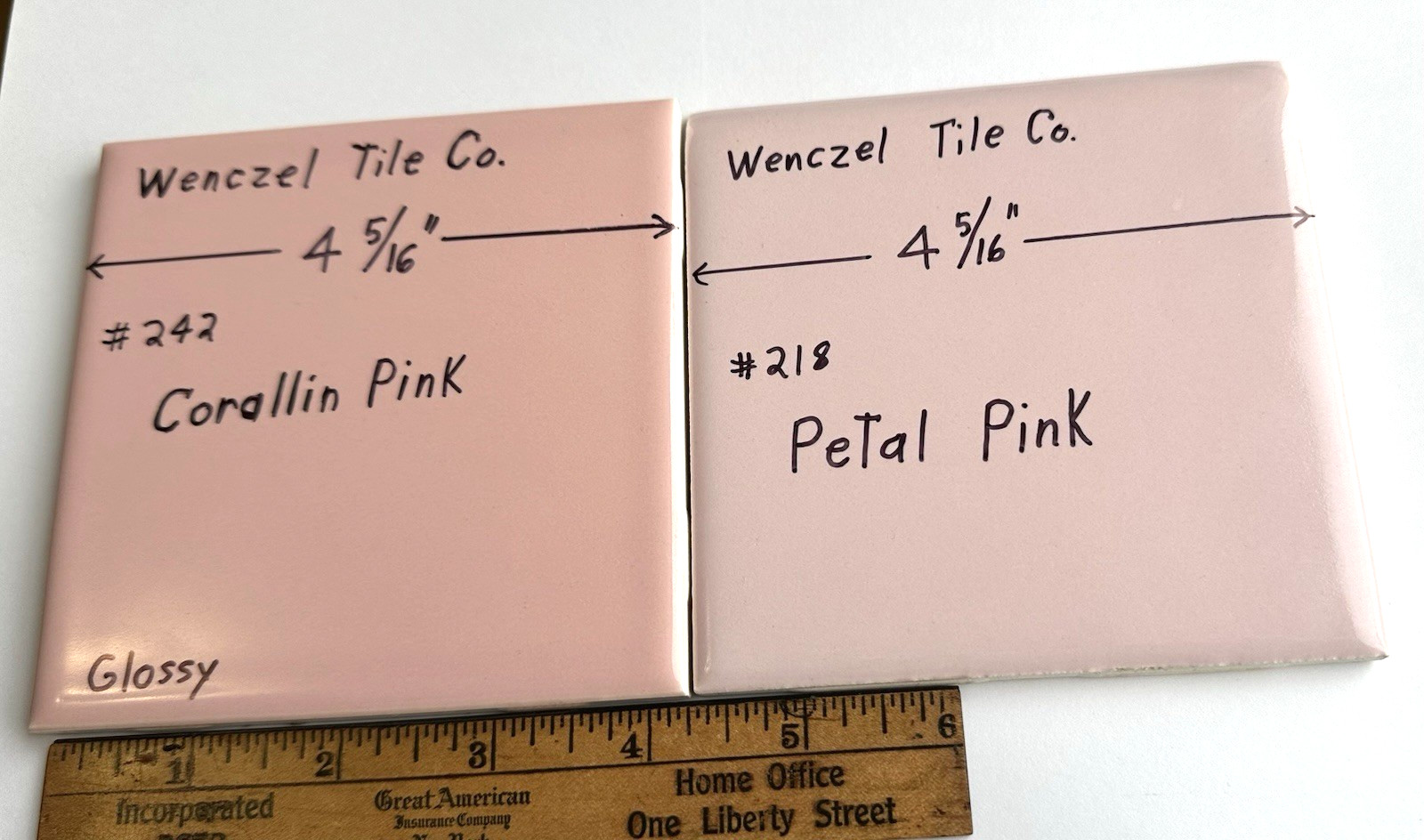 4 Corallin Pink Ceramic Tiles: by Wenczel Co. Used; all uncleaned & needs work