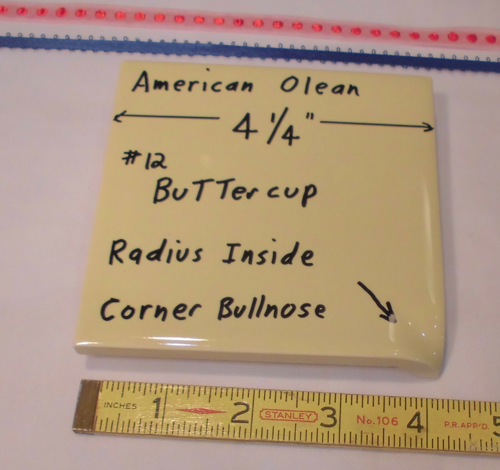 Buttercup Yellow; Glossy Radius Inside Corner Bullnose Ceramic Tile 4-1/4″ A.O.