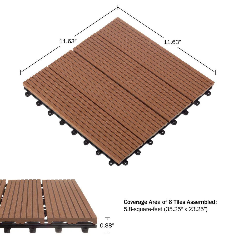 1×1 Patio Deck Tiles Wood Polypropylene Interlocking Flooring Brown 6 Pack