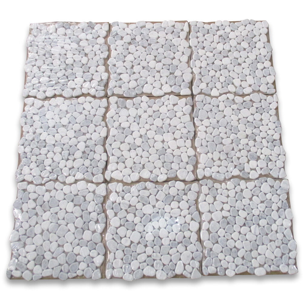P61T Carrara White Bardiglio Grey Marble Pebble Stone Nonslip Shower Tile